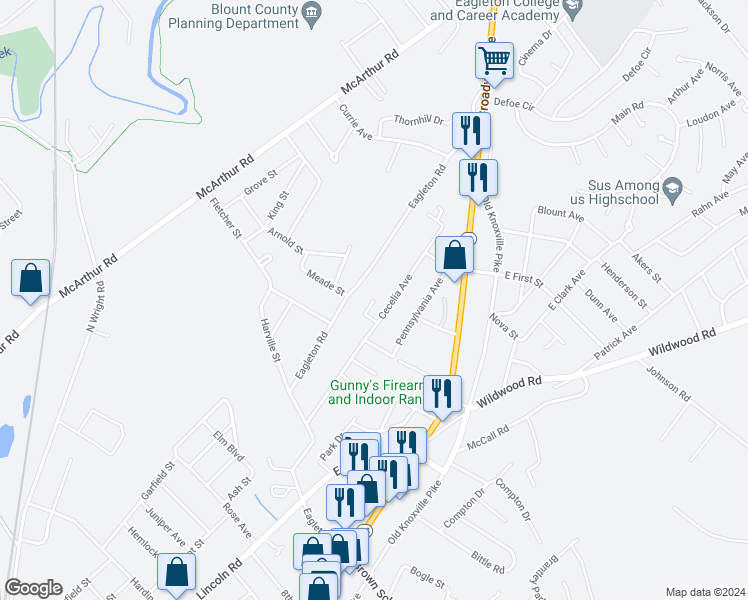 map of restaurants, bars, coffee shops, grocery stores, and more near 2498 Webster Court in Maryville