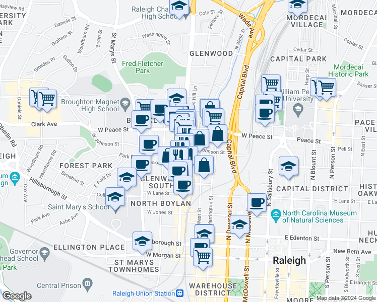 map of restaurants, bars, coffee shops, grocery stores, and more near 510 Glenwood Avenue in Raleigh