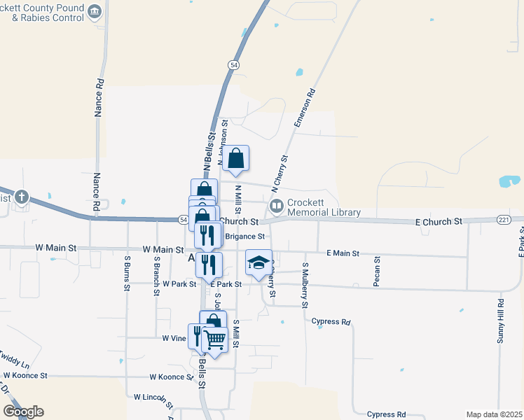 map of restaurants, bars, coffee shops, grocery stores, and more near 159 North Cherry Street in Alamo