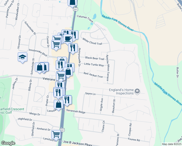 map of restaurants, bars, coffee shops, grocery stores, and more near 186 Red Jacket Trce in Murfreesboro