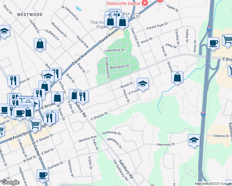 map of restaurants, bars, coffee shops, grocery stores, and more near 209 South Oakwood Drive in Statesville