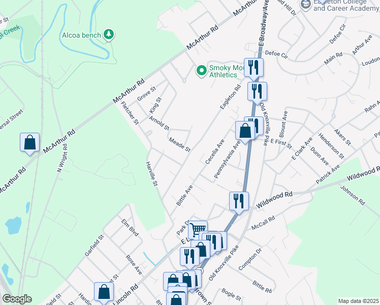 map of restaurants, bars, coffee shops, grocery stores, and more near 454 Eagleton Road in Maryville