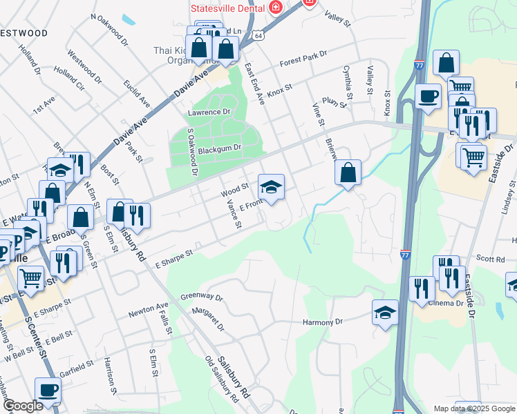 map of restaurants, bars, coffee shops, grocery stores, and more near 321 Clegg Street in Statesville