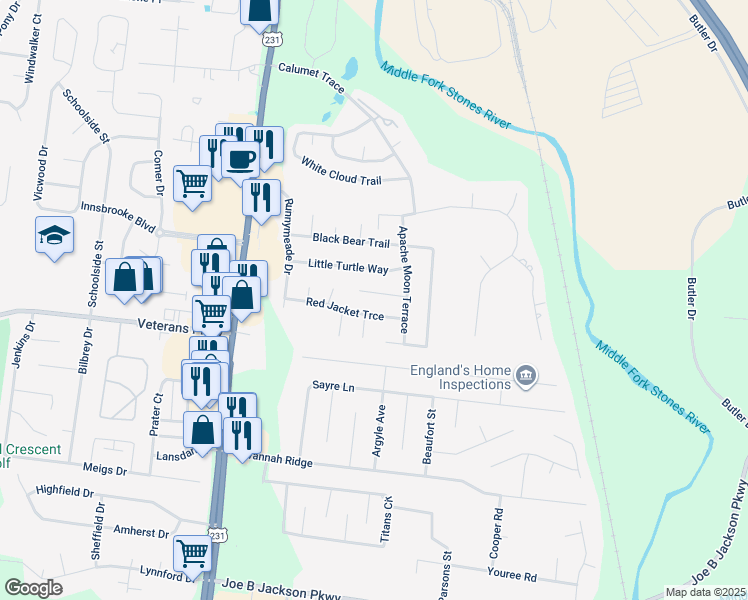 map of restaurants, bars, coffee shops, grocery stores, and more near 218 Quanah Parker Trail in Murfreesboro