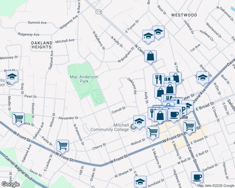 map of restaurants, bars, coffee shops, grocery stores, and more near 331 North Mulberry Street in Statesville