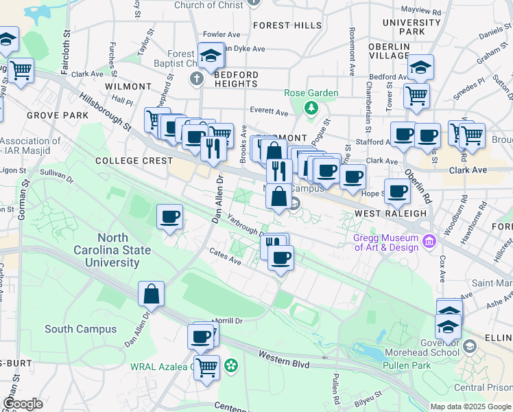 map of restaurants, bars, coffee shops, grocery stores, and more near in Raleigh