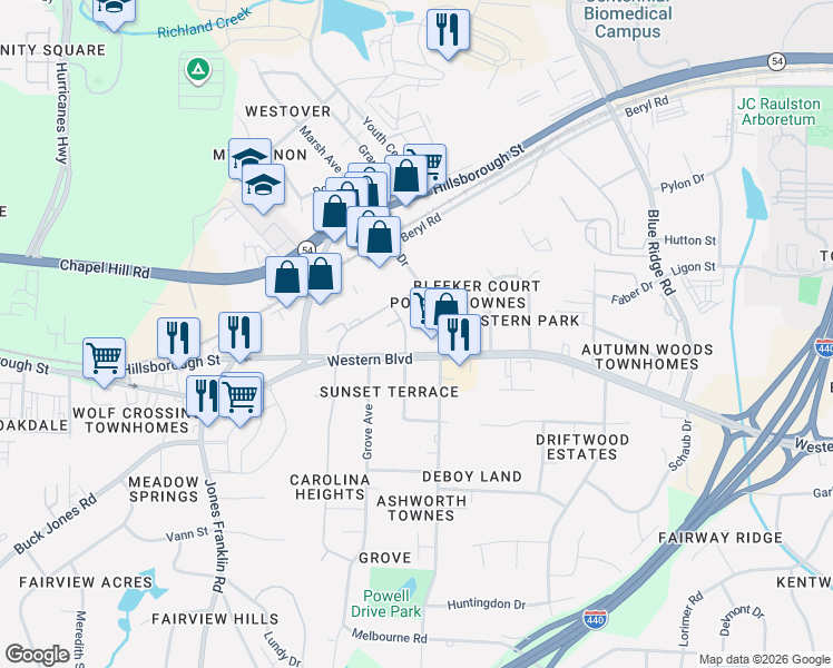 map of restaurants, bars, coffee shops, grocery stores, and more near 416 Heather Drive in Raleigh