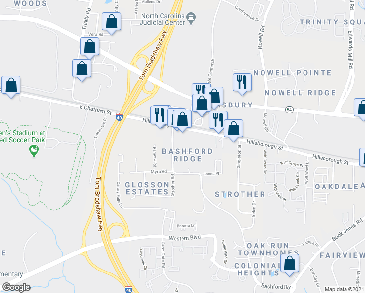map of restaurants, bars, coffee shops, grocery stores, and more near 25 Bashford Road in Raleigh