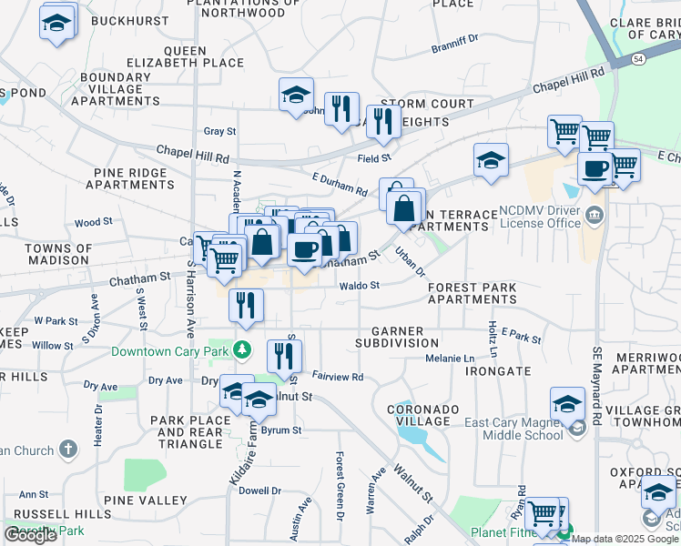 map of restaurants, bars, coffee shops, grocery stores, and more near 217 Waldo Street in Cary