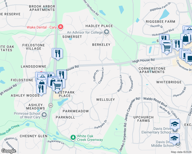 map of restaurants, bars, coffee shops, grocery stores, and more near 115 Tutbury Place in Cary