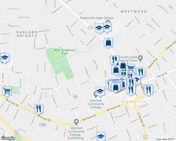 map of restaurants, bars, coffee shops, grocery stores, and more near 326 North Mulberry Street in Statesville