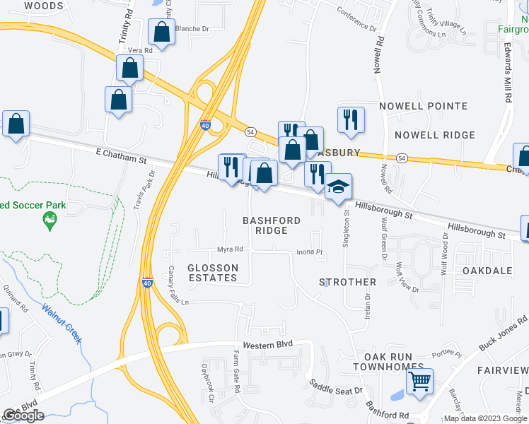 map of restaurants, bars, coffee shops, grocery stores, and more near 6128 Spice Ridge Lane in Raleigh
