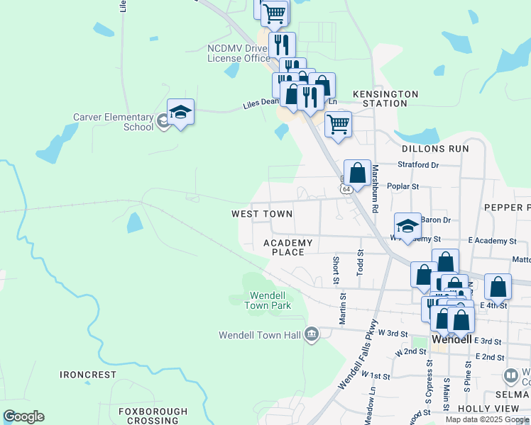 map of restaurants, bars, coffee shops, grocery stores, and more near 105 East Street in Wendell