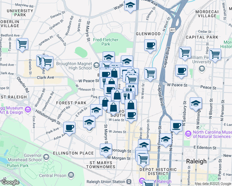 map of restaurants, bars, coffee shops, grocery stores, and more near 719 West Johnson Street in Raleigh