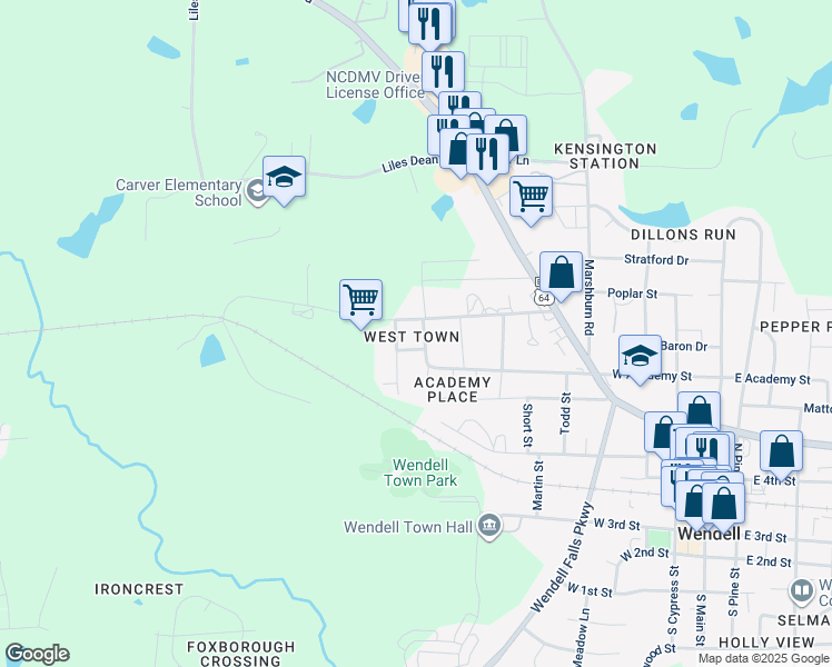 map of restaurants, bars, coffee shops, grocery stores, and more near 105 East Street in Wendell