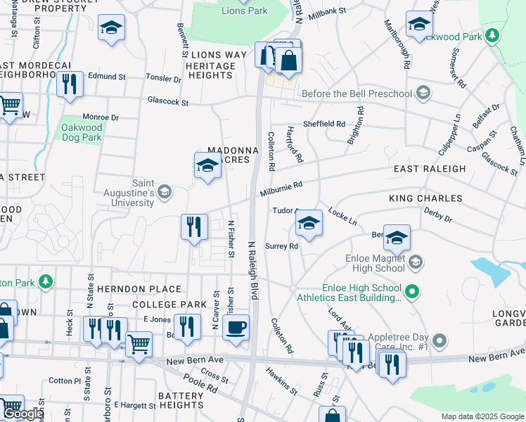 map of restaurants, bars, coffee shops, grocery stores, and more near 501 Colleton Road in Raleigh
