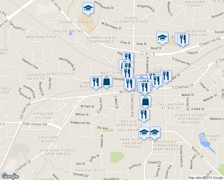 map of restaurants, bars, coffee shops, grocery stores, and more near 302 West Chatham Street in Cary