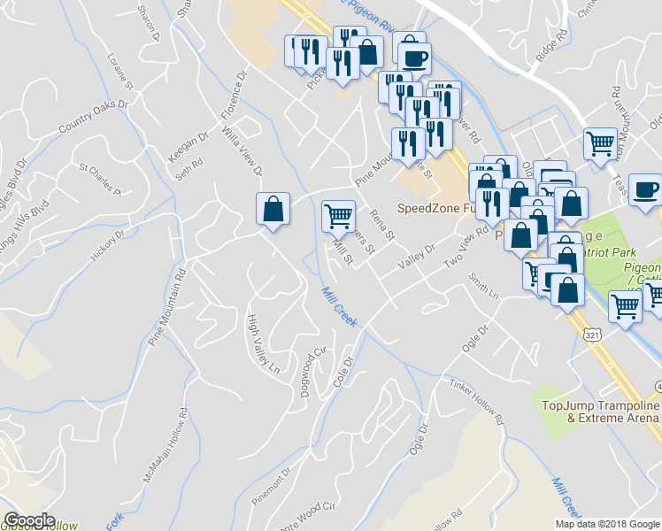 map of restaurants, bars, coffee shops, grocery stores, and more near 306 Creekwalk Boulevard in Sevierville