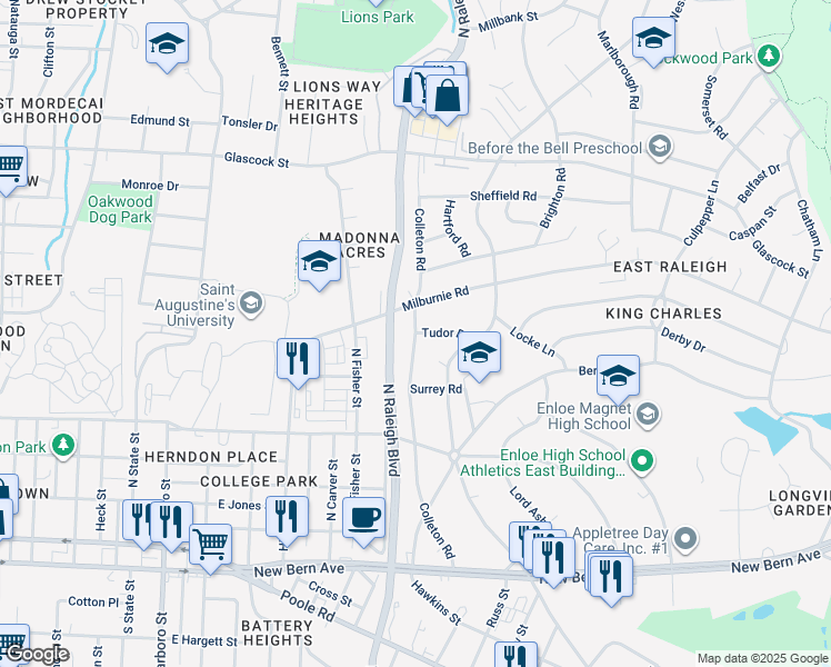 map of restaurants, bars, coffee shops, grocery stores, and more near 2100 Tudor Place in Raleigh