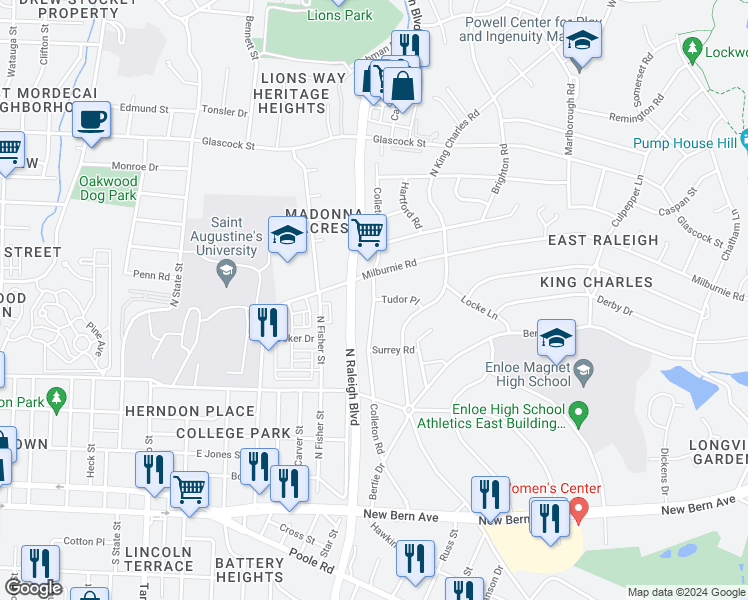 map of restaurants, bars, coffee shops, grocery stores, and more near 2100 Tudor Place in Raleigh