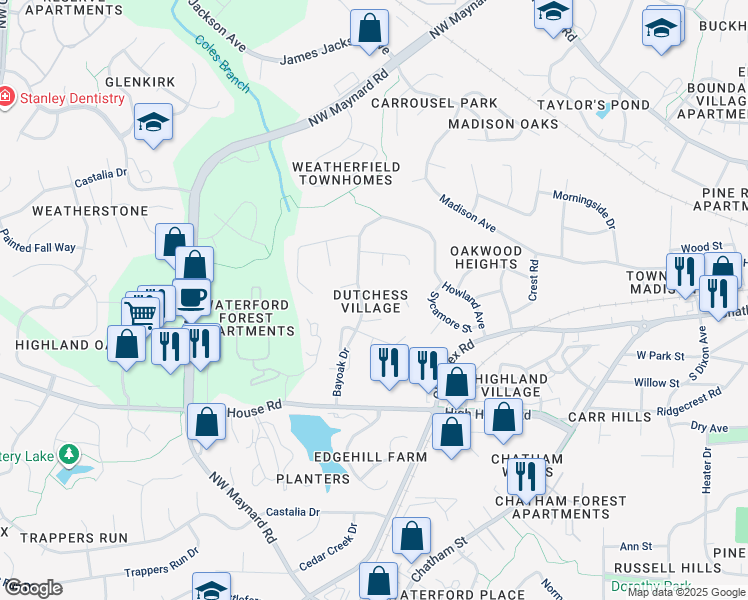 map of restaurants, bars, coffee shops, grocery stores, and more near 102 Joel Court in Cary