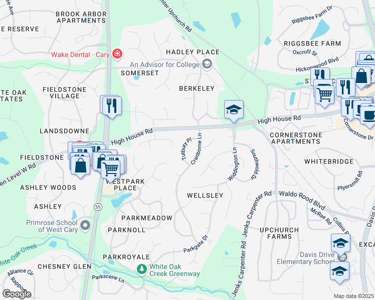 map of restaurants, bars, coffee shops, grocery stores, and more near 113 Tutbury Place in Cary