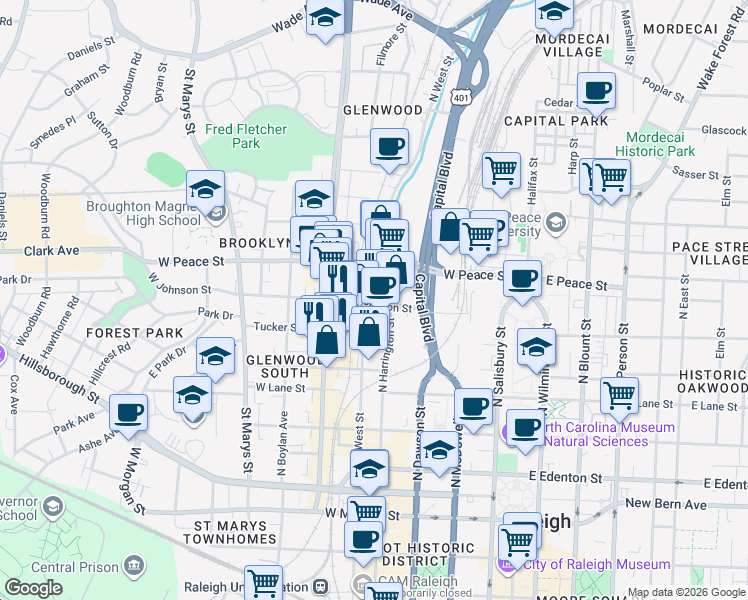 map of restaurants, bars, coffee shops, grocery stores, and more near 408 West Johnson Street in Raleigh