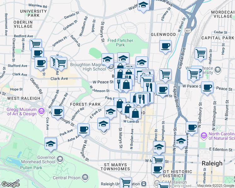 map of restaurants, bars, coffee shops, grocery stores, and more near 1200 Park Drive in Raleigh
