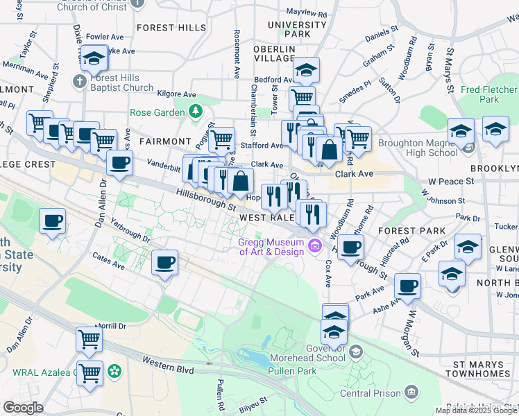 map of restaurants, bars, coffee shops, grocery stores, and more near 6 Enterprise Street in Raleigh