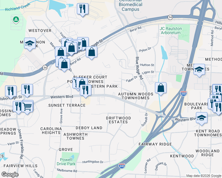 map of restaurants, bars, coffee shops, grocery stores, and more near 4912 Western Boulevard in Raleigh