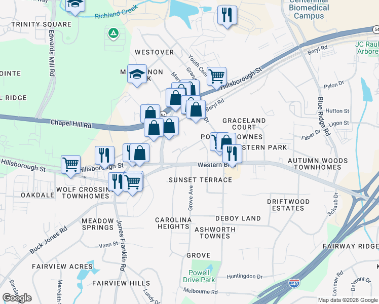 map of restaurants, bars, coffee shops, grocery stores, and more near 5310 Western Boulevard in Raleigh