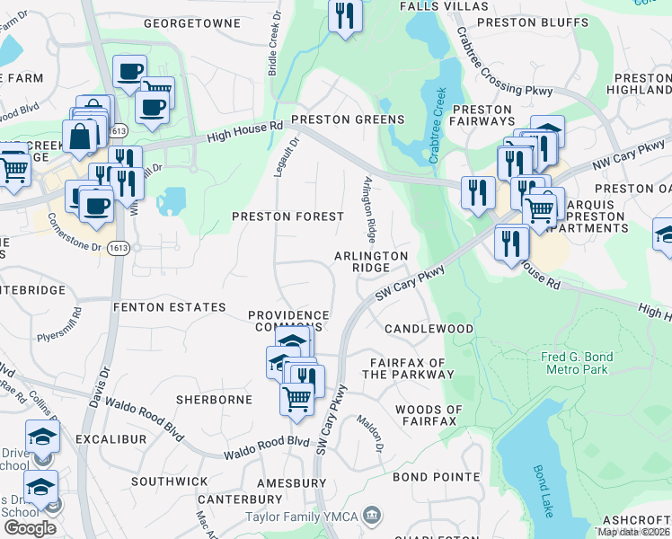 map of restaurants, bars, coffee shops, grocery stores, and more near 202 Stablegate Drive in Cary