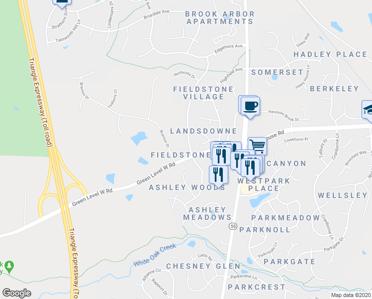map of restaurants, bars, coffee shops, grocery stores, and more near 103 Glenmore Road in Cary
