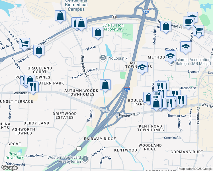 map of restaurants, bars, coffee shops, grocery stores, and more near 4700 Westgrove Street in Raleigh