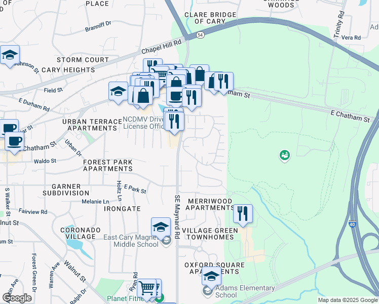 map of restaurants, bars, coffee shops, grocery stores, and more near 303 Tate Street in Cary