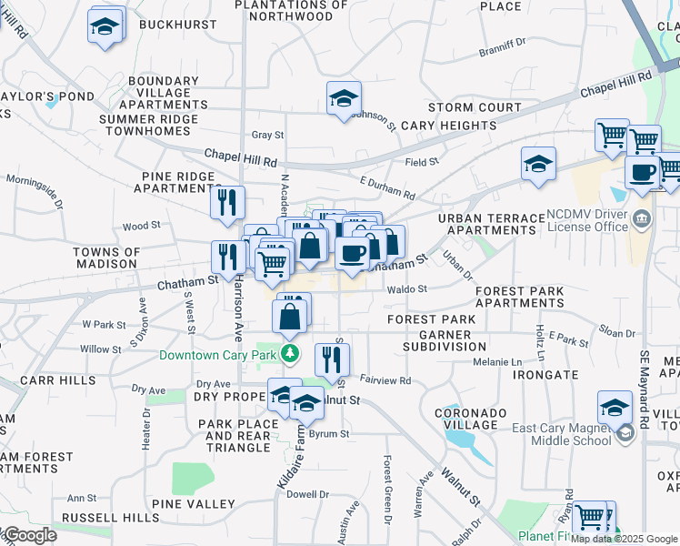 map of restaurants, bars, coffee shops, grocery stores, and more near 127 Waldo Street in Cary
