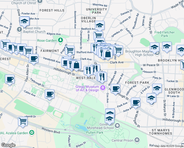 map of restaurants, bars, coffee shops, grocery stores, and more near 7 Maiden Lane in Raleigh