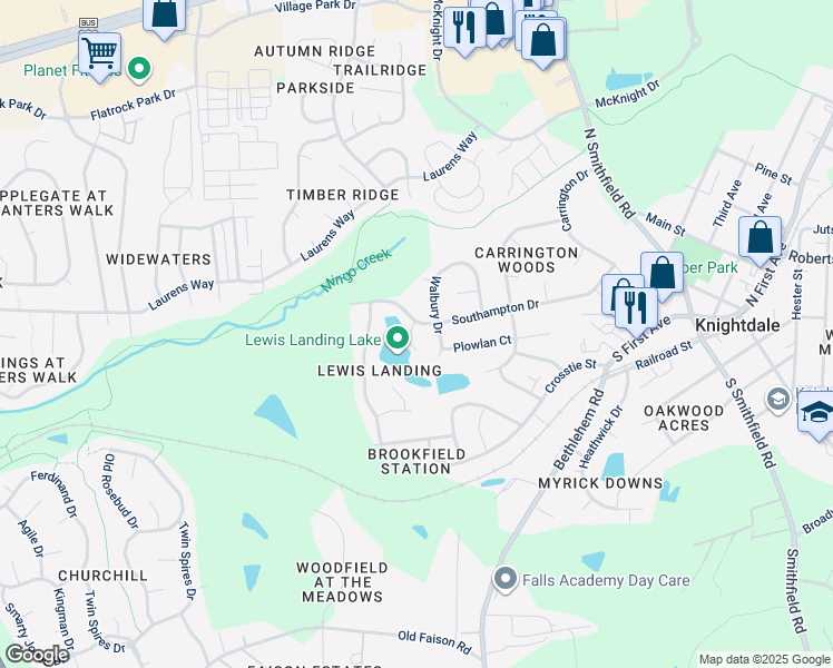 map of restaurants, bars, coffee shops, grocery stores, and more near 1003 Gallows Way in Knightdale