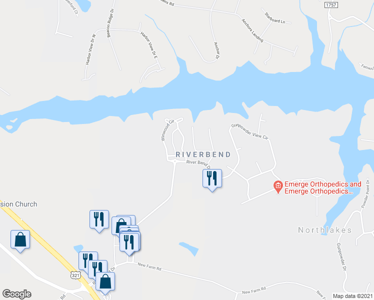 map of restaurants, bars, coffee shops, grocery stores, and more near 108 Winwood Circle in Granite Falls
