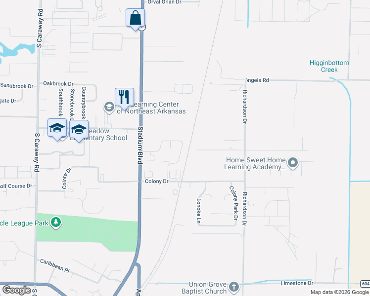 map of restaurants, bars, coffee shops, grocery stores, and more near 3406 Leatherwood Drive in Jonesboro