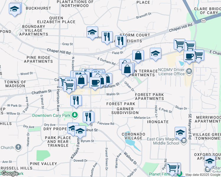 map of restaurants, bars, coffee shops, grocery stores, and more near 232 East Chatham Street in Cary