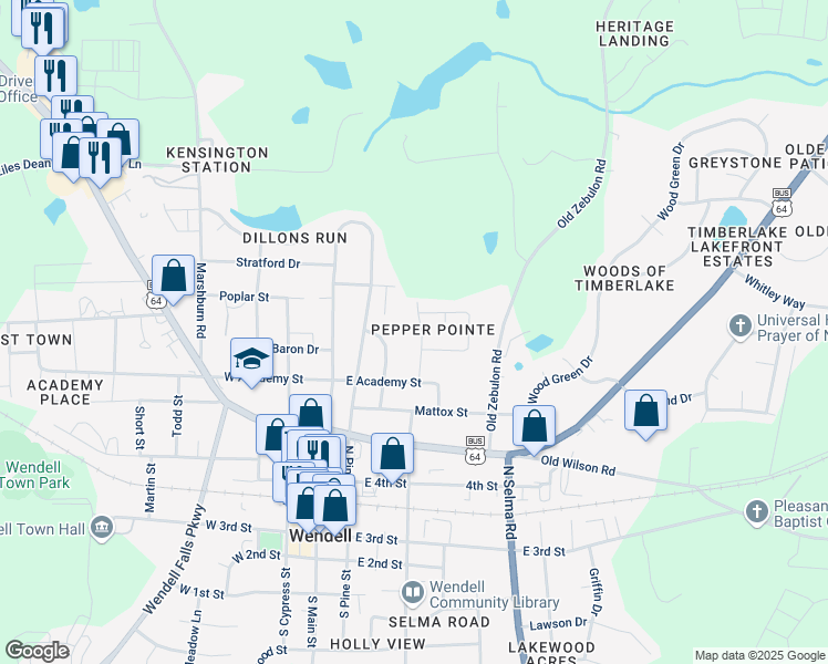 map of restaurants, bars, coffee shops, grocery stores, and more near 509 Lemon Pepper Place in Wendell