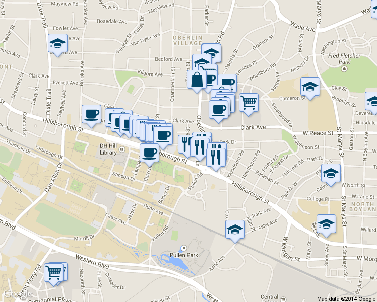 map of restaurants, bars, coffee shops, grocery stores, and more near 6 Enterprise Street in Raleigh