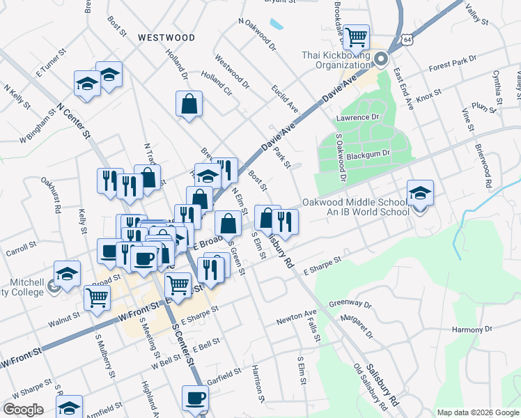 map of restaurants, bars, coffee shops, grocery stores, and more near 419 East Broad Street in Statesville
