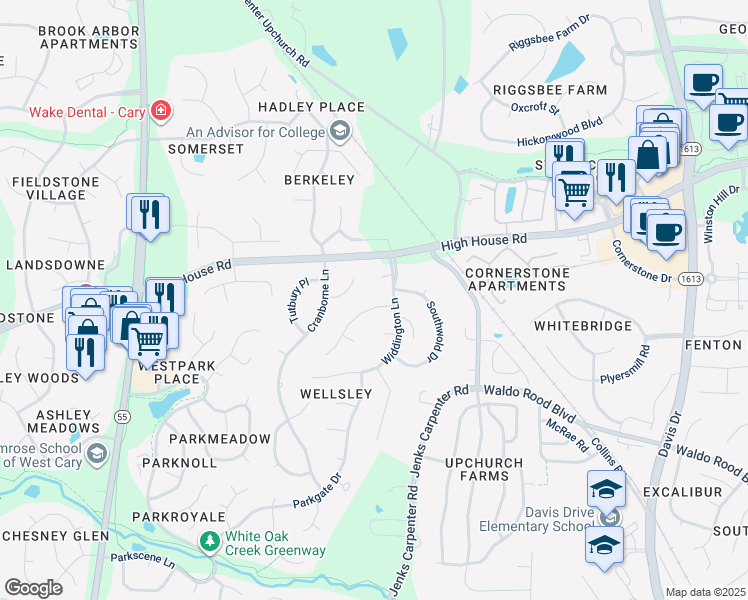 map of restaurants, bars, coffee shops, grocery stores, and more near 104 Bromfield Way in Cary
