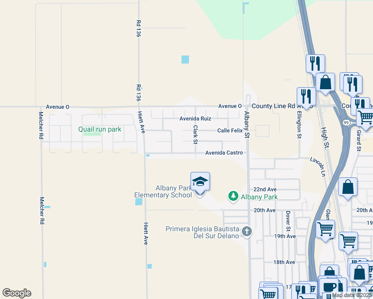 map of restaurants, bars, coffee shops, grocery stores, and more near 302 Avenue Castro in Delano