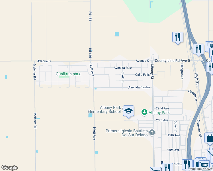 map of restaurants, bars, coffee shops, grocery stores, and more near 334 Avenue Castro in Delano