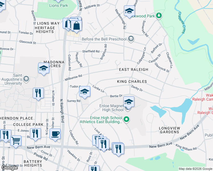 map of restaurants, bars, coffee shops, grocery stores, and more near 2301 Derby Drive in Raleigh