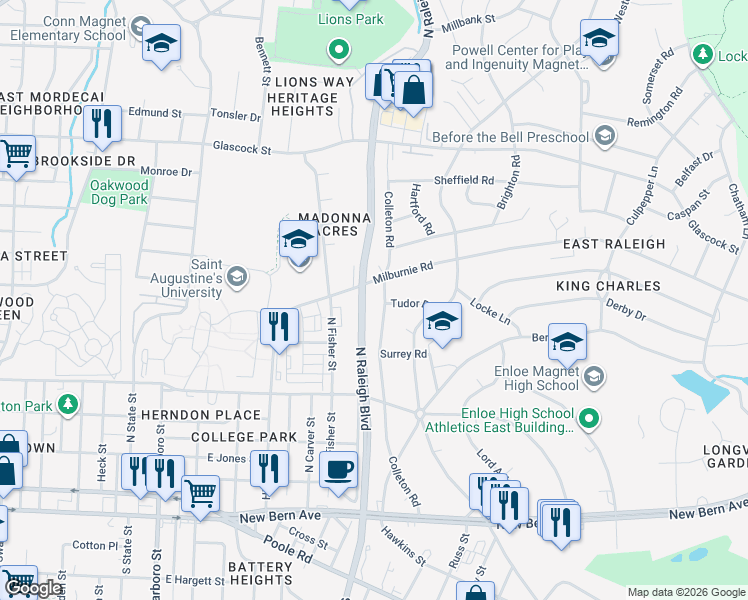 map of restaurants, bars, coffee shops, grocery stores, and more near 2030 Booker Drive in Raleigh