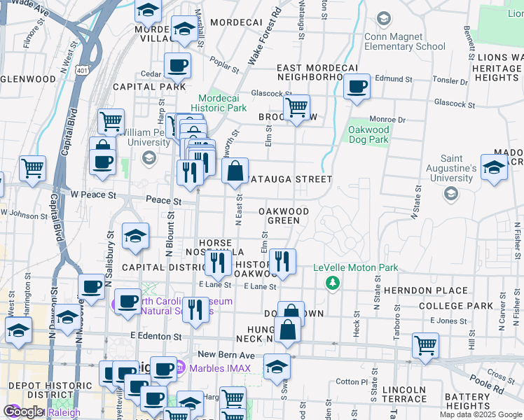 map of restaurants, bars, coffee shops, grocery stores, and more near 522 Elm Street in Raleigh